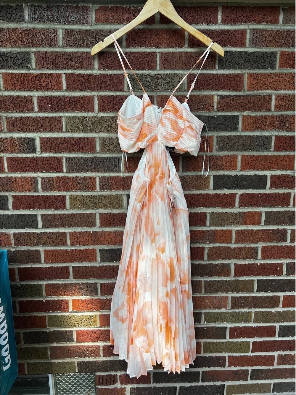 Express White and Orange Floral Pleated Cut Out Side Spagetti Strap Maxi Dress
